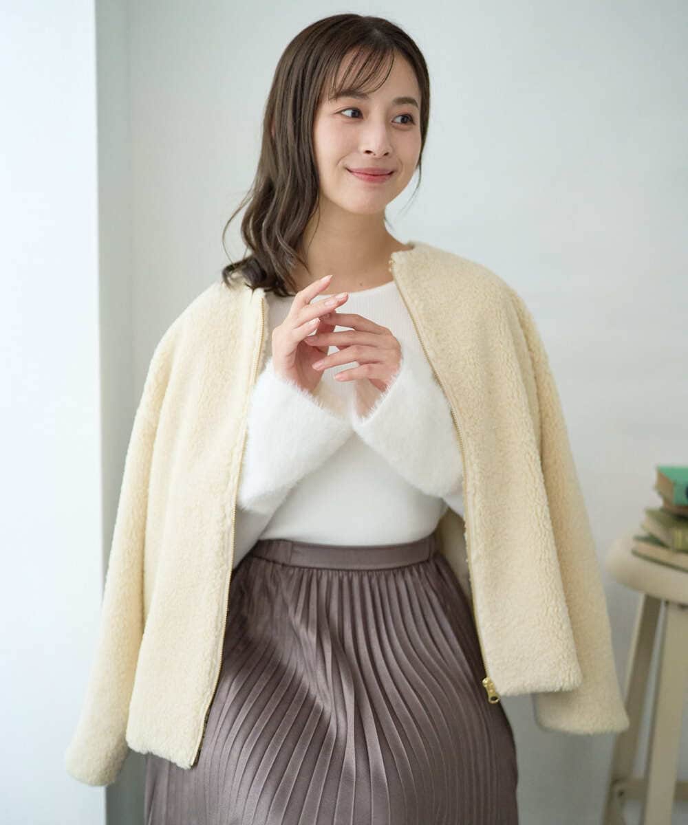 F1JAD42250 MK MICHEL KLEIN(小さいサイズ)(メゾン ドゥ サンク) 【小さいサイズ】ノーカラーボアブルゾン/洗える アイボリー