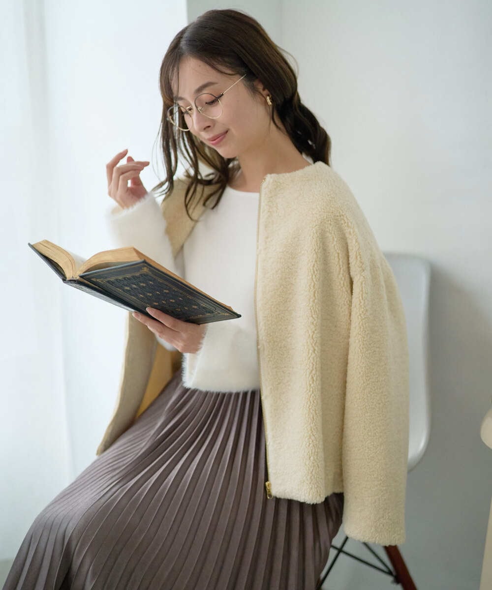 F1JAD42250 MK MICHEL KLEIN(小さいサイズ)(メゾン ドゥ サンク) 【小さいサイズ】ノーカラーボアブルゾン/洗える アイボリー