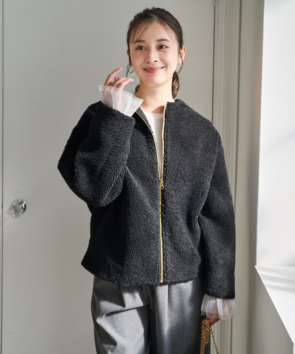 F1JAD42250 MK MICHEL KLEIN(小さいサイズ)(メゾン ドゥ サンク) 【小さいサイズ】ノーカラーボアブルゾン/洗える アイボリー