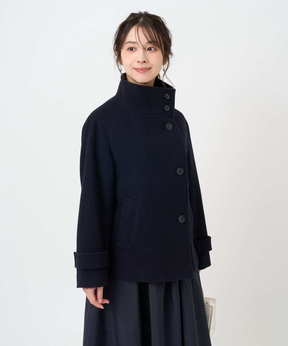 F1JAD54380 MK MICHEL KLEIN(小さいサイズ)(メゾン ドゥ サンク) 【小さいサイズ】エアリアルウール スタンドカラーショートコート ブルー