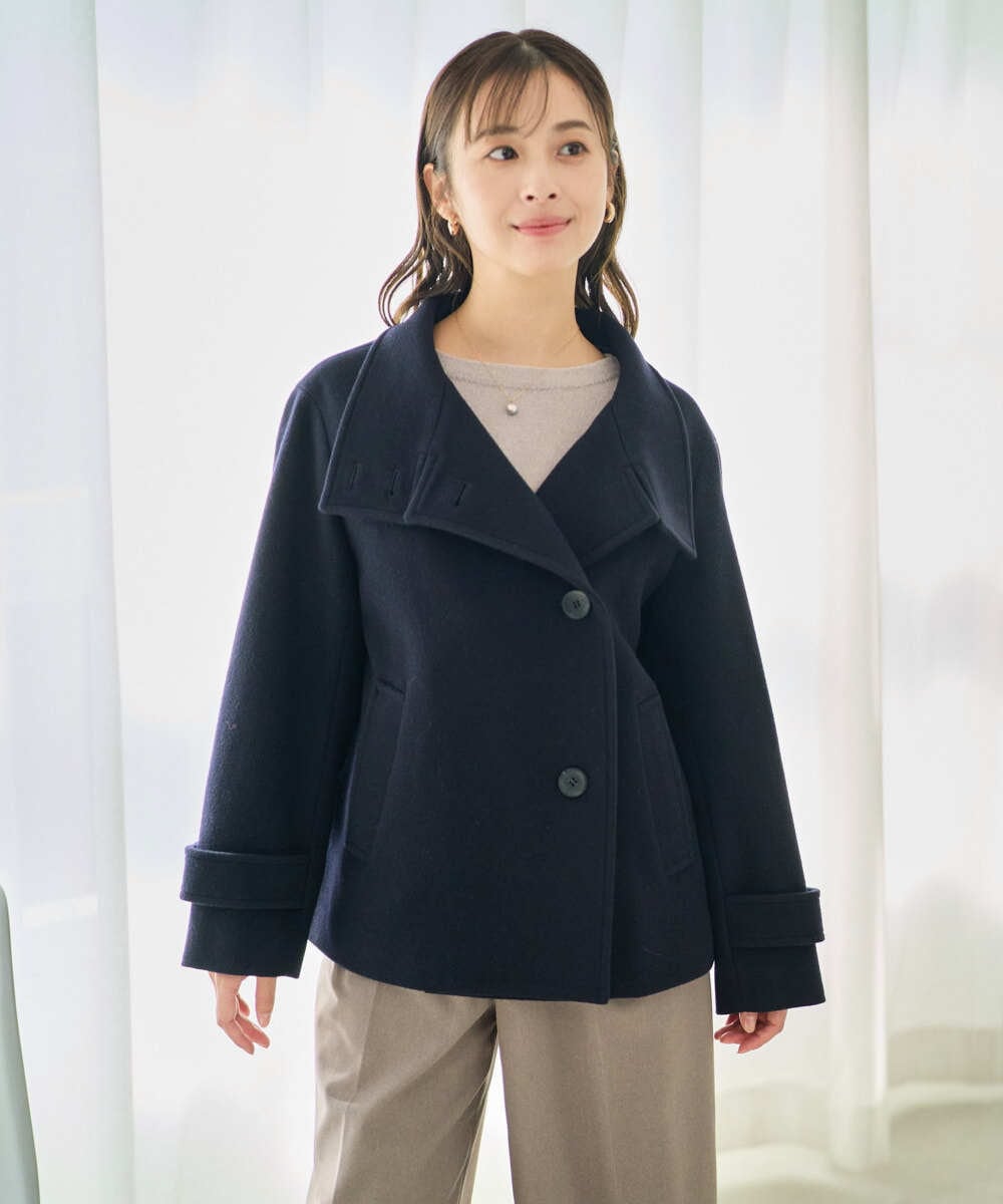 F1JAD54380 MK MICHEL KLEIN(小さいサイズ)(メゾン ドゥ サンク) 【小さいサイズ】エアリアルウール スタンドカラーショートコート ブルー