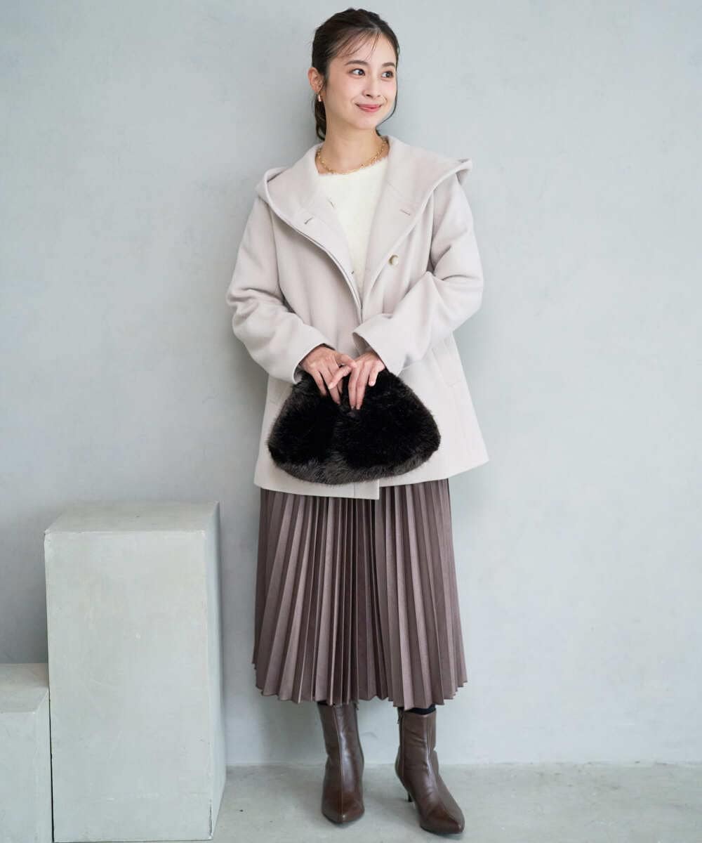 F1JAD55360 MK MICHEL KLEIN(小さいサイズ)(メゾン ドゥ サンク) 【小さいサイズ】エアリアルウール ミドル丈フーデットコート ベージュ