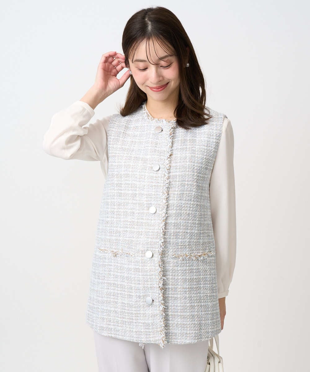 F1JFD02220 MK MICHEL KLEIN(小さいサイズ)(メゾン ドゥ サンク) 【小さいサイズ】ツイードジレ/洗える ライトブルー