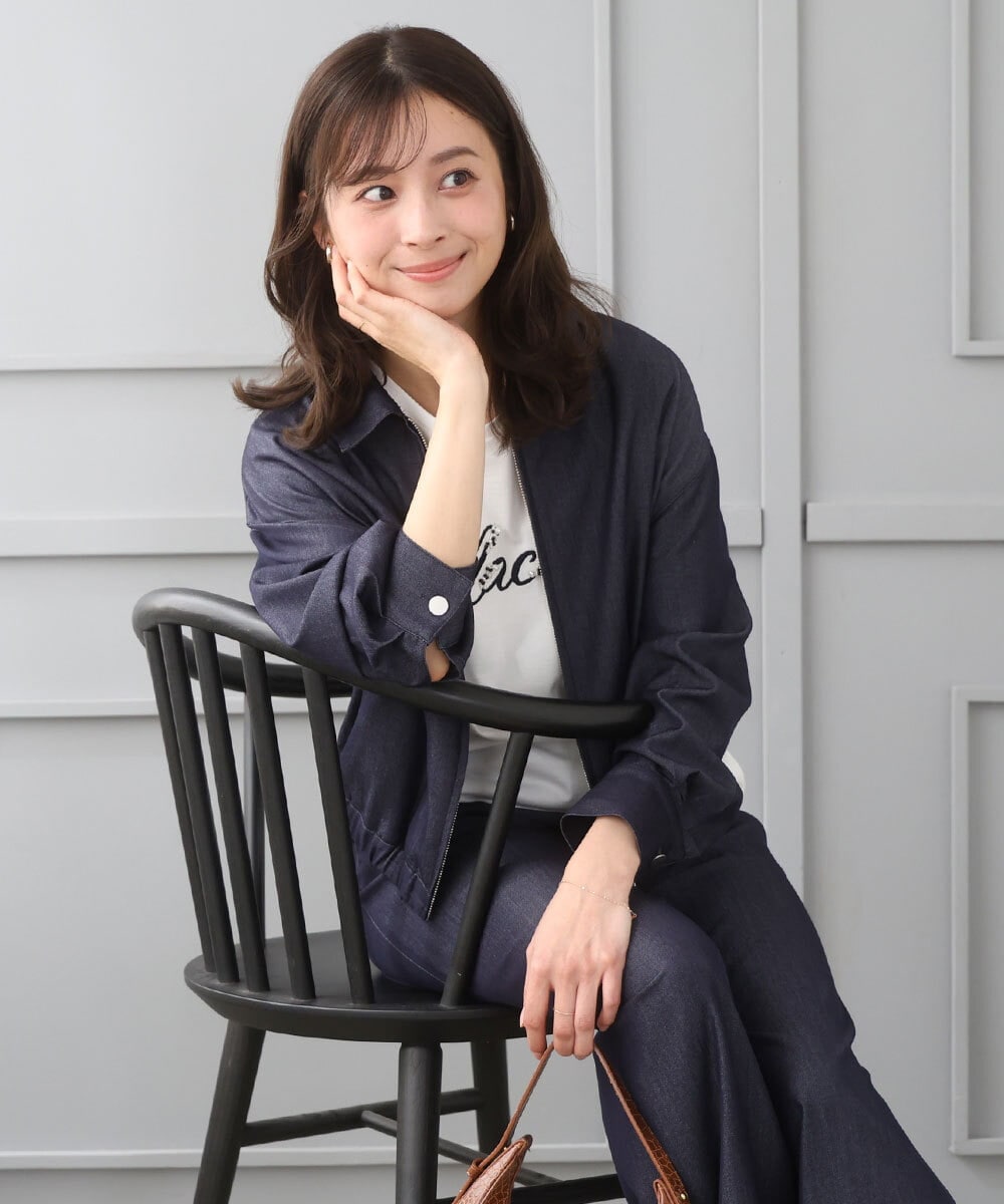 F1JGD36210 MK MICHEL KLEIN(小さいサイズ)(メゾン ドゥ サンク) 【小さいサイズ】[SANAGARAシリーズ]デニムライク 襟付きジップアップブルゾン/接触冷感/UVカット/洗濯機で洗える ネイビー