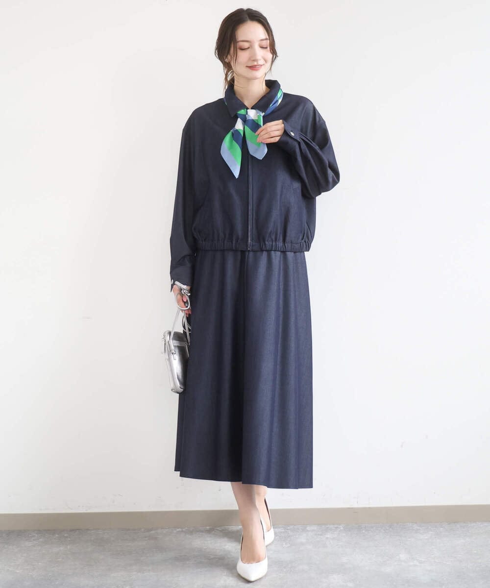 F1JGD36210 MK MICHEL KLEIN(小さいサイズ)(メゾン ドゥ サンク) 【小さいサイズ】[SANAGARAシリーズ]デニムライク 襟付きジップアップブルゾン/接触冷感/UVカット/洗濯機で洗える ネイビー