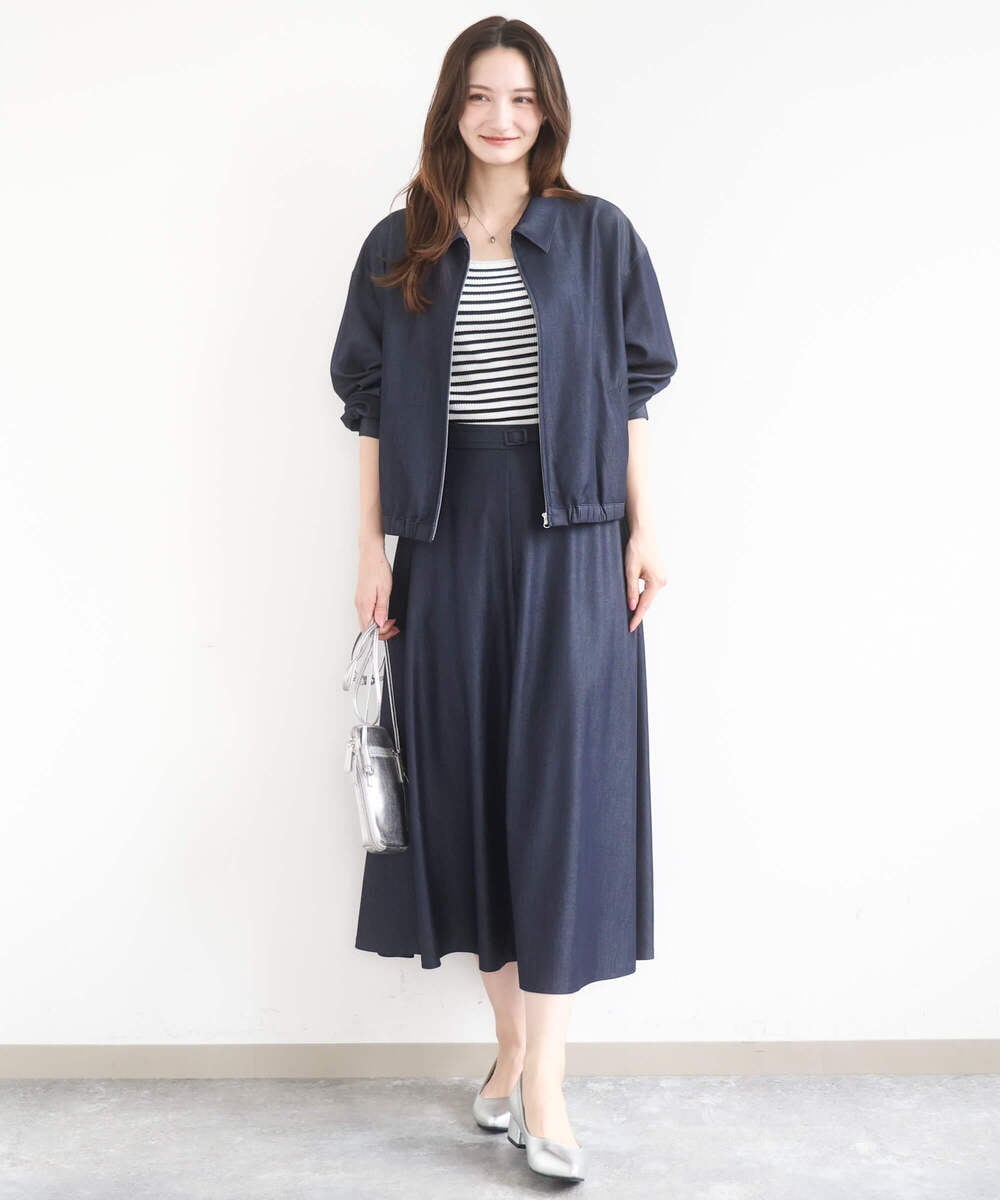 F1JGD36210 MK MICHEL KLEIN(小さいサイズ)(メゾン ドゥ サンク) 【小さいサイズ】[SANAGARAシリーズ]デニムライク 襟付きジップアップブルゾン/接触冷感/UVカット/洗濯機で洗える ネイビー