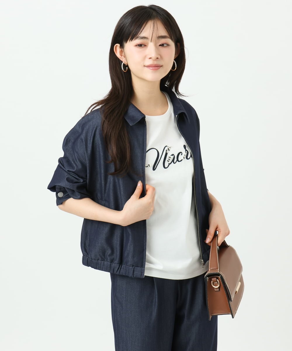 F1JGD36210 MK MICHEL KLEIN(小さいサイズ)(メゾン ドゥ サンク) 【小さいサイズ】[SANAGARAシリーズ]デニムライク 襟付きジップアップブルゾン/接触冷感/UVカット/洗濯機で洗える ネイビー