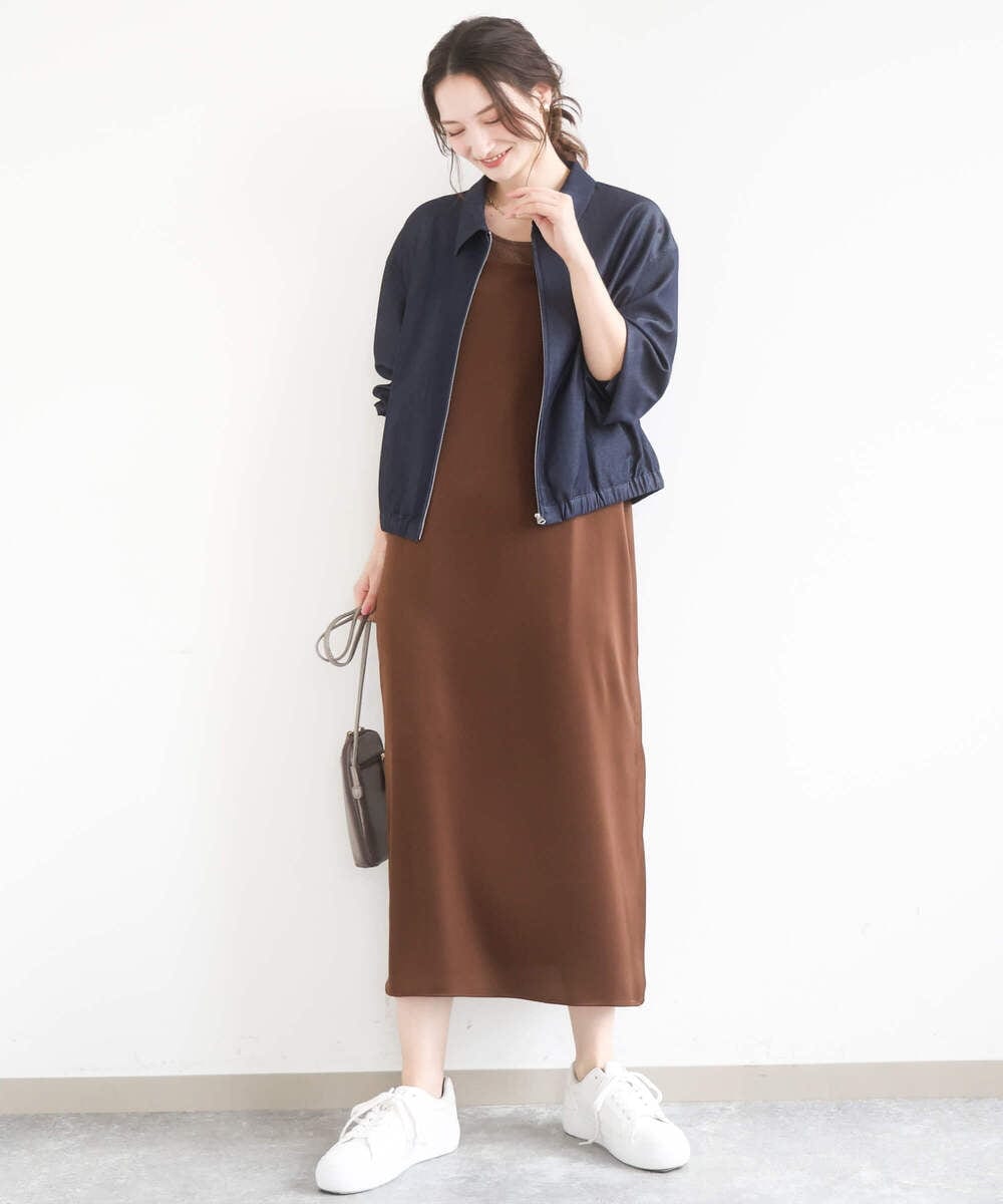 F1JGD36210 MK MICHEL KLEIN(小さいサイズ)(メゾン ドゥ サンク) 【小さいサイズ】[SANAGARAシリーズ]デニムライク 襟付きジップアップブルゾン/接触冷感/UVカット/洗濯機で洗える ネイビー