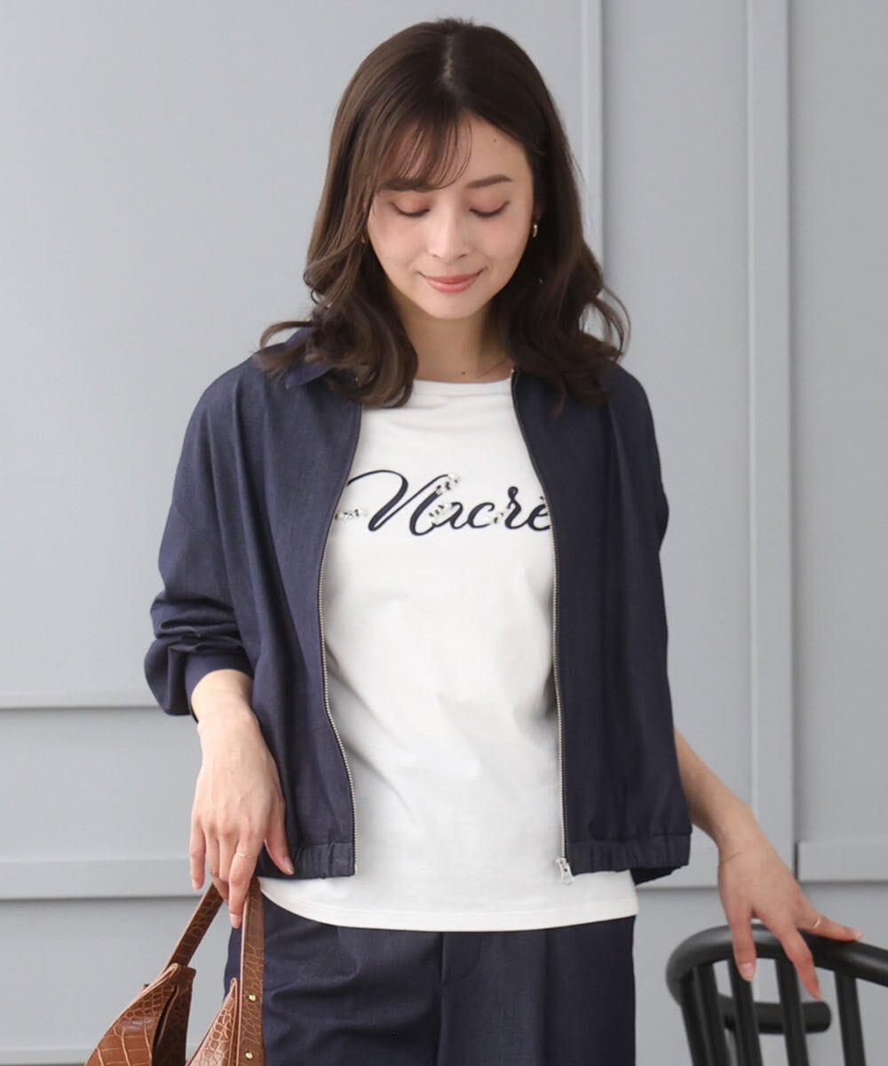F1JGD36210 MK MICHEL KLEIN(小さいサイズ)(メゾン ドゥ サンク) 【小さいサイズ】[SANAGARAシリーズ]デニムライク 襟付きジップアップブルゾン/接触冷感/UVカット/洗濯機で洗える ネイビー