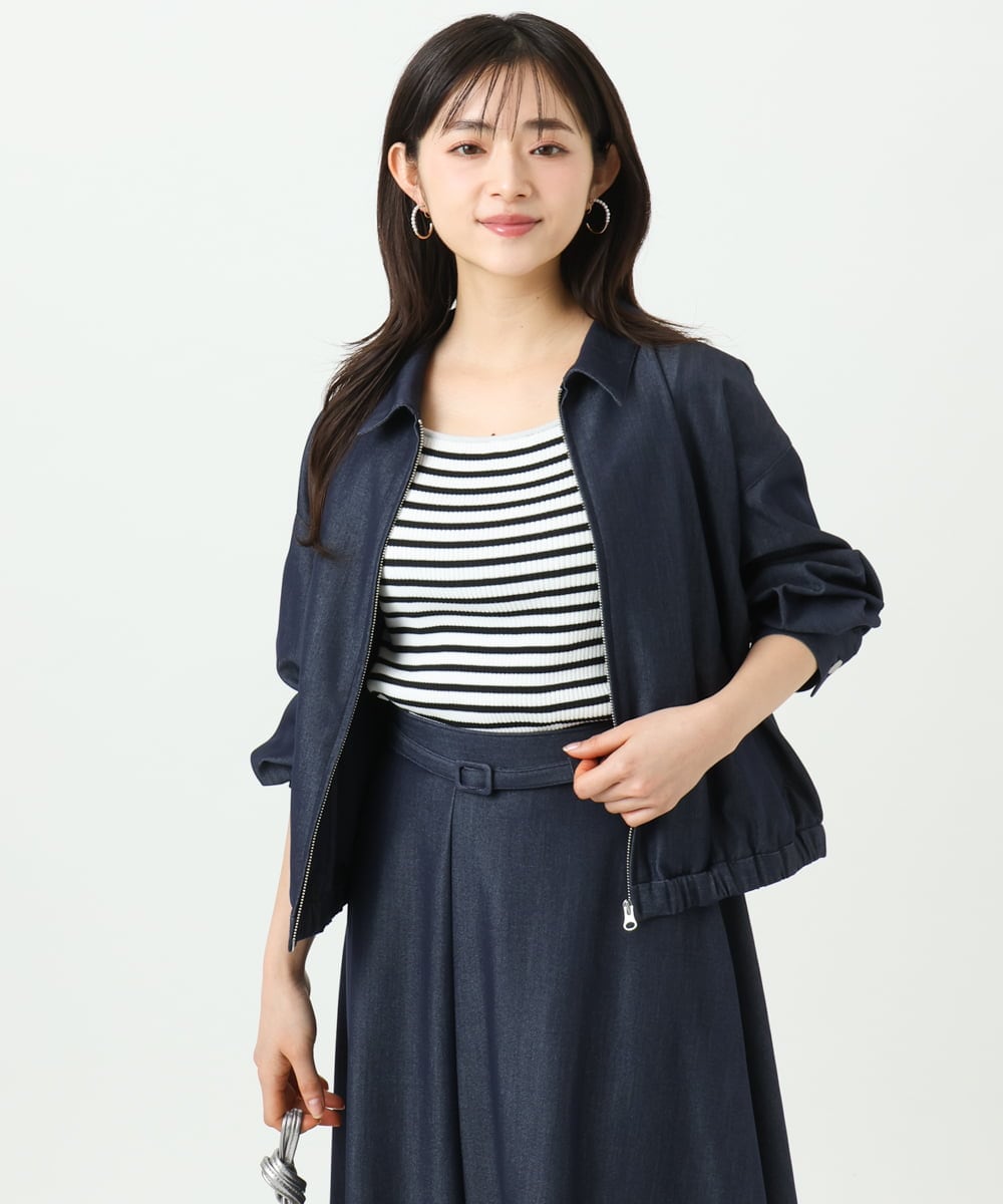 F1JGD36210 MK MICHEL KLEIN(小さいサイズ)(メゾン ドゥ サンク) 【小さいサイズ】[SANAGARAシリーズ]デニムライク 襟付きジップアップブルゾン/接触冷感/UVカット/洗濯機で洗える ネイビー