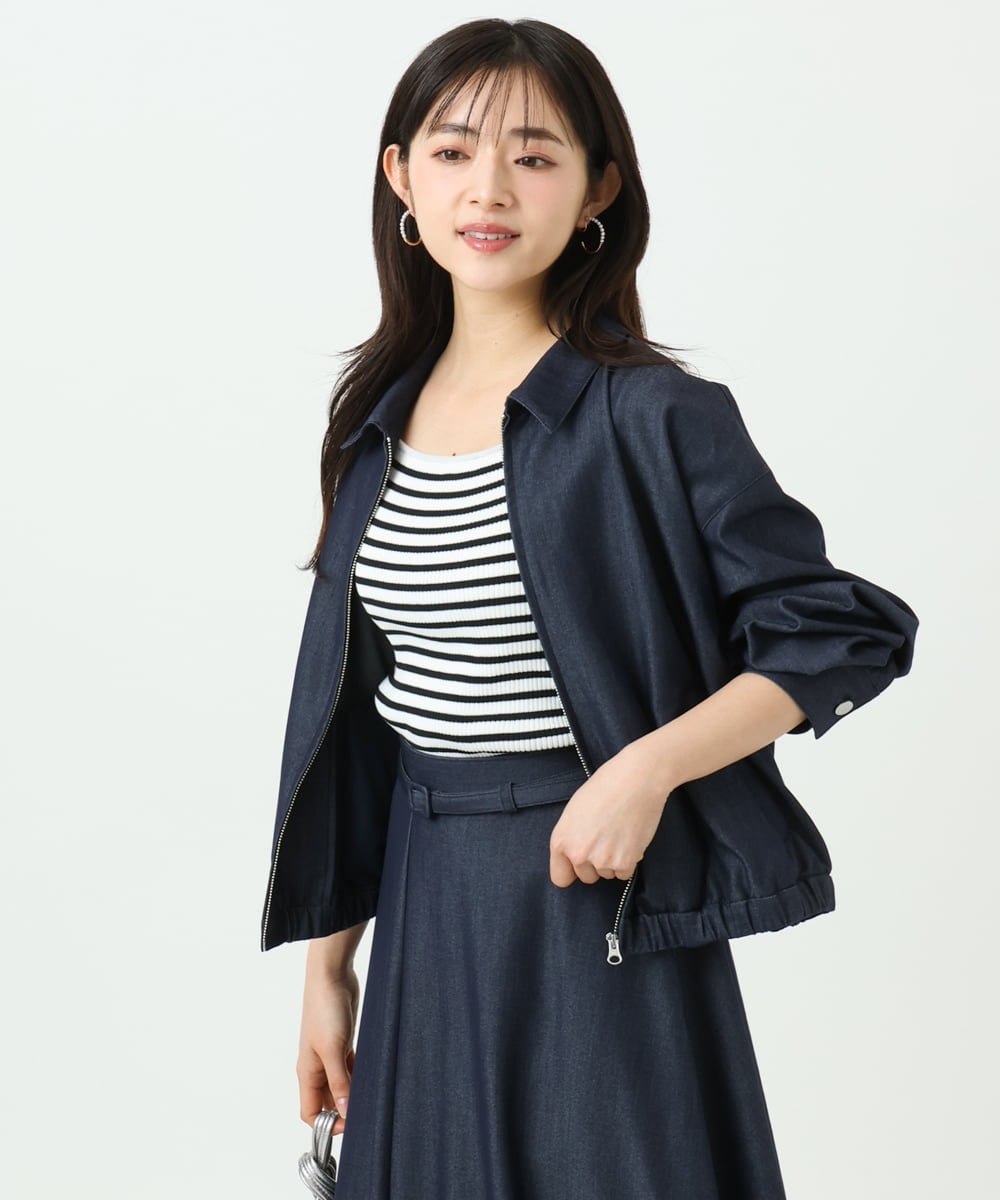 F1JGD36210 MK MICHEL KLEIN(小さいサイズ)(メゾン ドゥ サンク) 【小さいサイズ】[SANAGARAシリーズ]デニムライク 襟付きジップアップブルゾン/接触冷感/UVカット/洗濯機で洗える ネイビー