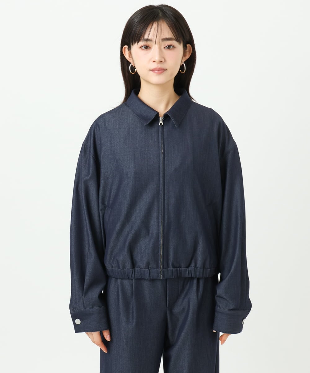 F1JGD36210 MK MICHEL KLEIN(小さいサイズ)(メゾン ドゥ サンク) 【小さいサイズ】[SANAGARAシリーズ]デニムライク 襟付きジップアップブルゾン/接触冷感/UVカット/洗濯機で洗える ネイビー