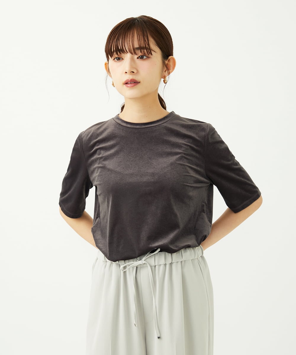 F1KAD33080 MK MICHEL KLEIN(小さいサイズ)(メゾン ドゥ サンク) 【小さいサイズ】シアーベロアTシャツ/洗える ブルー