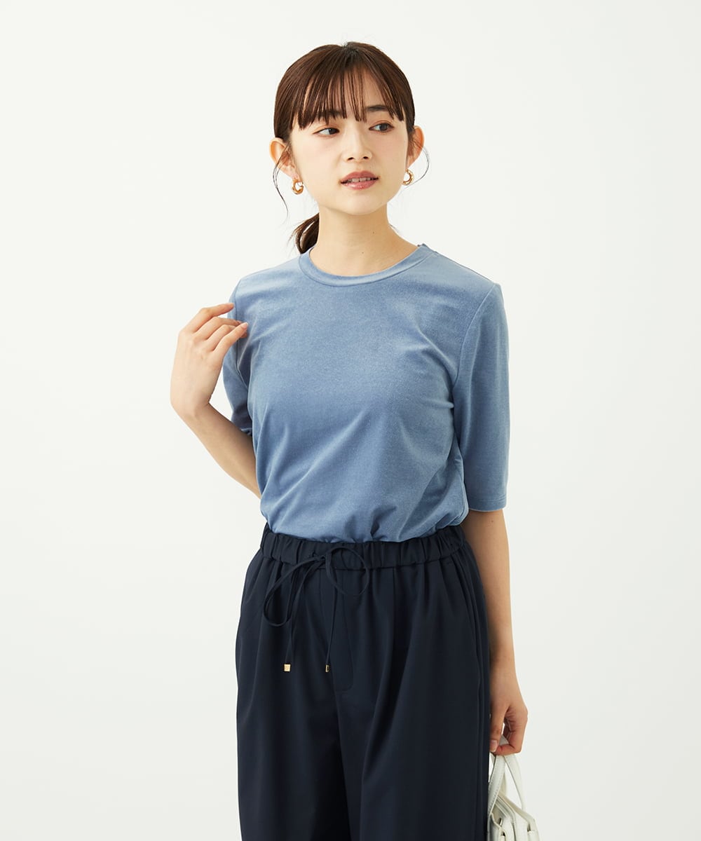 F1KAD33080 MK MICHEL KLEIN(小さいサイズ)(メゾン ドゥ サンク) 【小さいサイズ】シアーベロアTシャツ/洗える ブルー