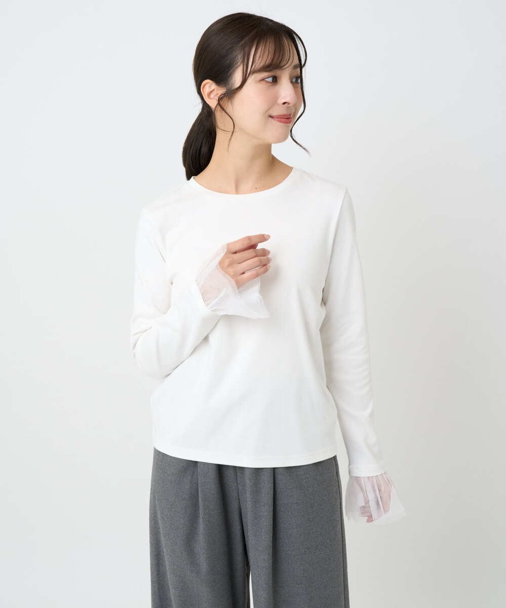 F1KAD42100 MK MICHEL KLEIN(小さいサイズ)(メゾン ドゥ サンク) 【小さいサイズ】袖口チュールデザイン インナーカットソー/洗濯機で洗える アイボリー