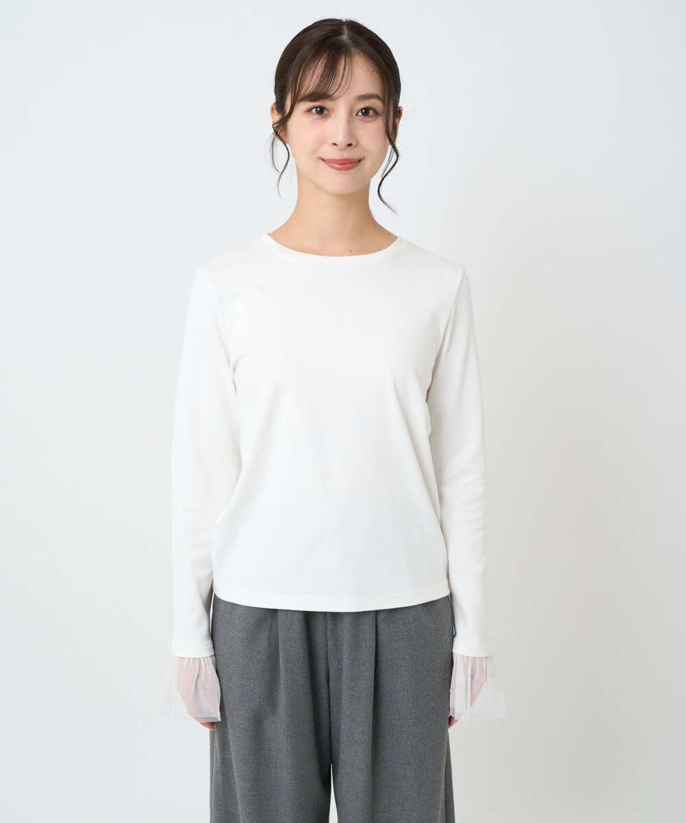 F1KAD42100 MK MICHEL KLEIN(小さいサイズ)(メゾン ドゥ サンク) 【小さいサイズ】袖口チュールデザイン インナーカットソー/洗濯機で洗える アイボリー