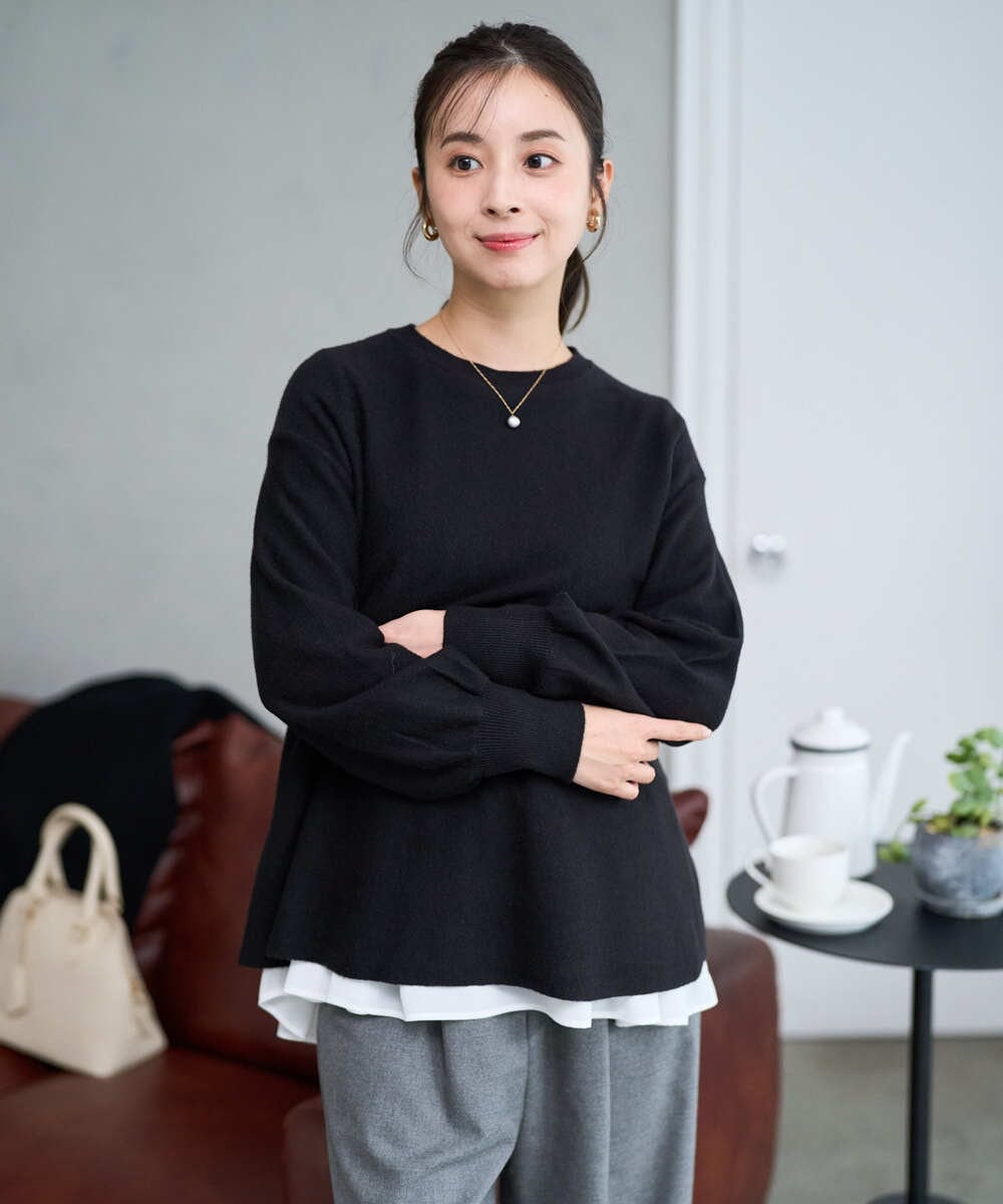 F1KAF41100 MK MICHEL KLEIN(小さいサイズ)(メゾン ドゥ サンク) 【小さいサイズ】タックプリーツデザイン ペプラムインナーカットソー/洗濯機で洗える アイボリー