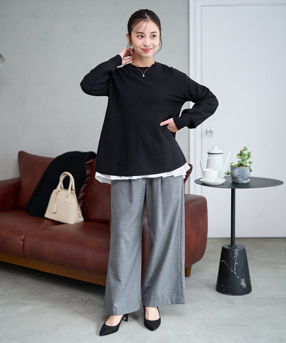 F1KAF41100 MK MICHEL KLEIN(小さいサイズ)(メゾン ドゥ サンク) 【小さいサイズ】タックプリーツデザイン ペプラムインナーカットソー/洗濯機で洗える アイボリー