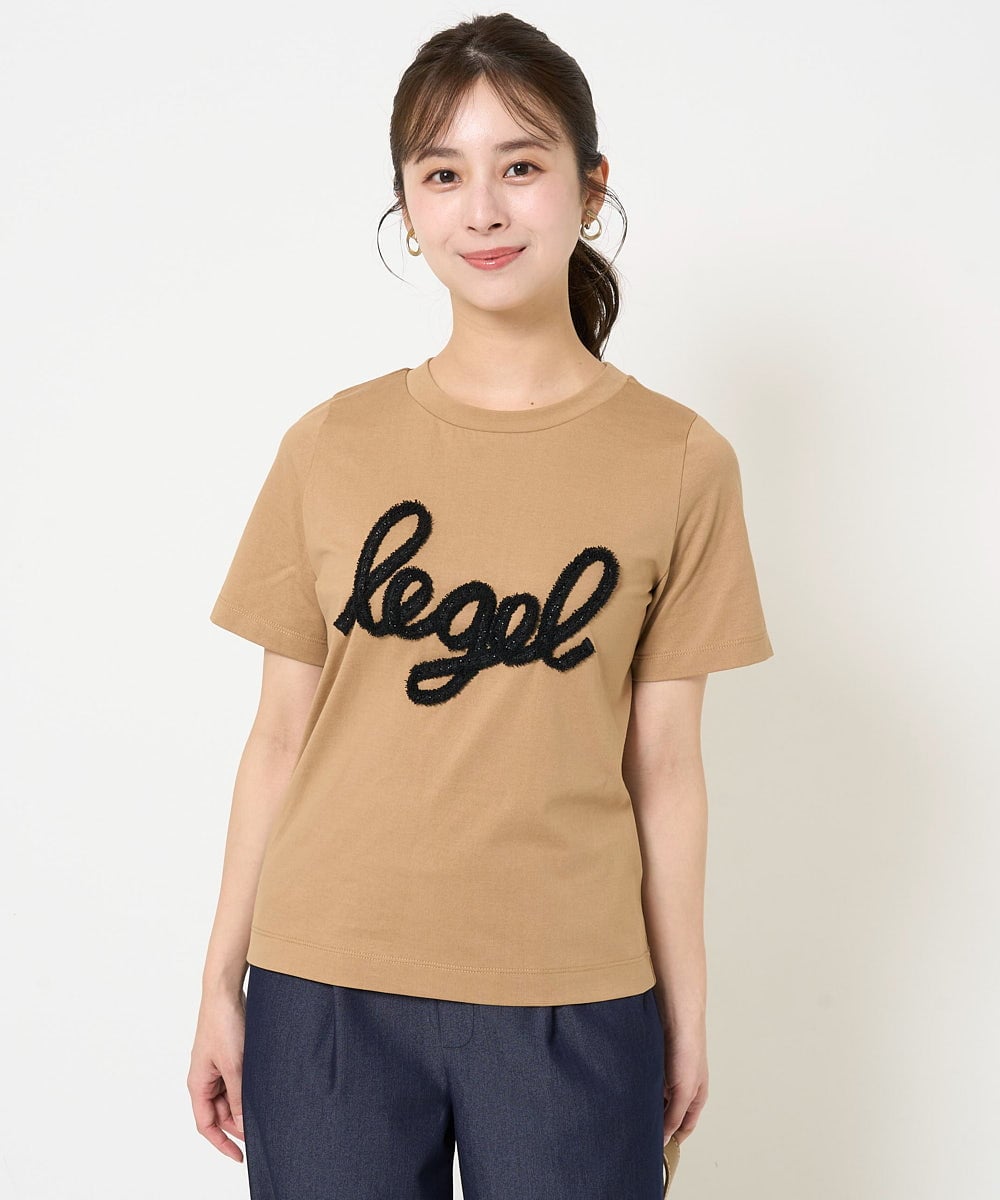 F1KGA30080 MK MICHEL KLEIN(小さいサイズ)(メゾン ドゥ サンク) 【小さいサイズ】フリンジ刺繍ロゴTシャツ/洗える キャメル