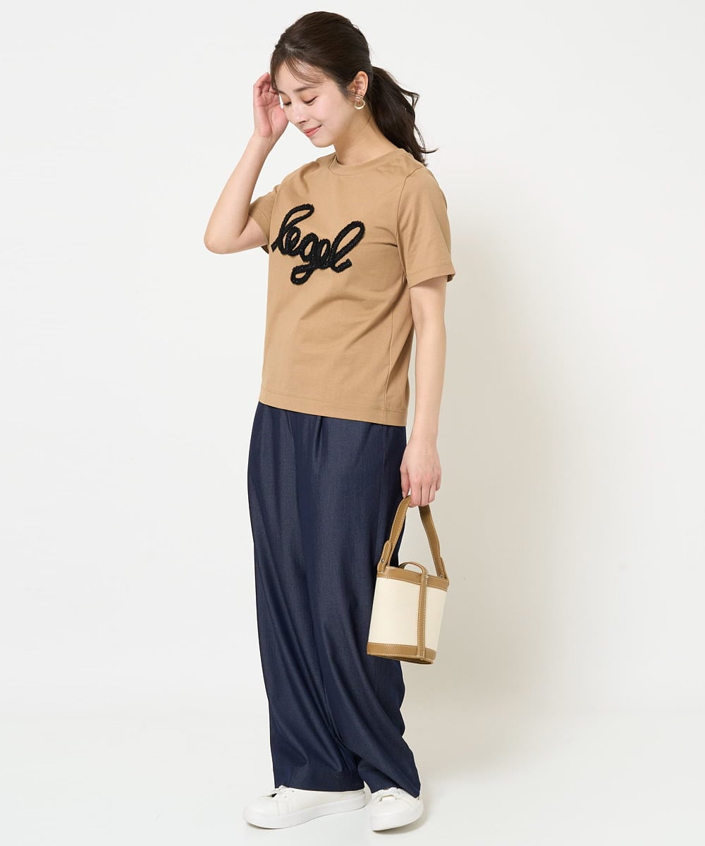 F1KGA30080 MK MICHEL KLEIN(小さいサイズ)(メゾン ドゥ サンク) 【小さいサイズ】フリンジ刺繍ロゴTシャツ/洗える キャメル