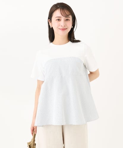 F1KGA41120 MK MICHEL KLEIN(小さいサイズ) 【小さいサイズ】ビスチェレイヤード風フレアーTシャツ(ストライプ)/洗える