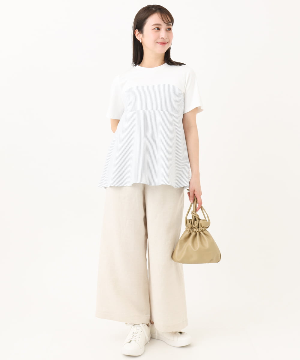 F1KGA41120 MK MICHEL KLEIN(小さいサイズ)(メゾン ドゥ サンク) 【小さいサイズ】ビスチェレイヤード風フレアーTシャツ(ストライプ)/洗える ホワイト×ネイビー