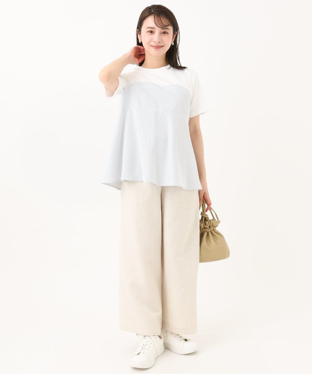 F1KGA41120 MK MICHEL KLEIN(小さいサイズ)(メゾン ドゥ サンク) 【小さいサイズ】ビスチェレイヤード風フレアーTシャツ(ストライプ)/洗える ホワイト×ネイビー
