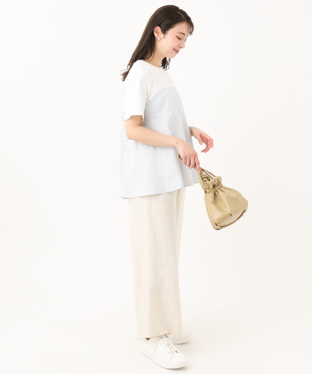 F1KGA41120 MK MICHEL KLEIN(小さいサイズ)(メゾン ドゥ サンク) 【小さいサイズ】ビスチェレイヤード風フレアーTシャツ(ストライプ)/洗える ホワイト×ネイビー