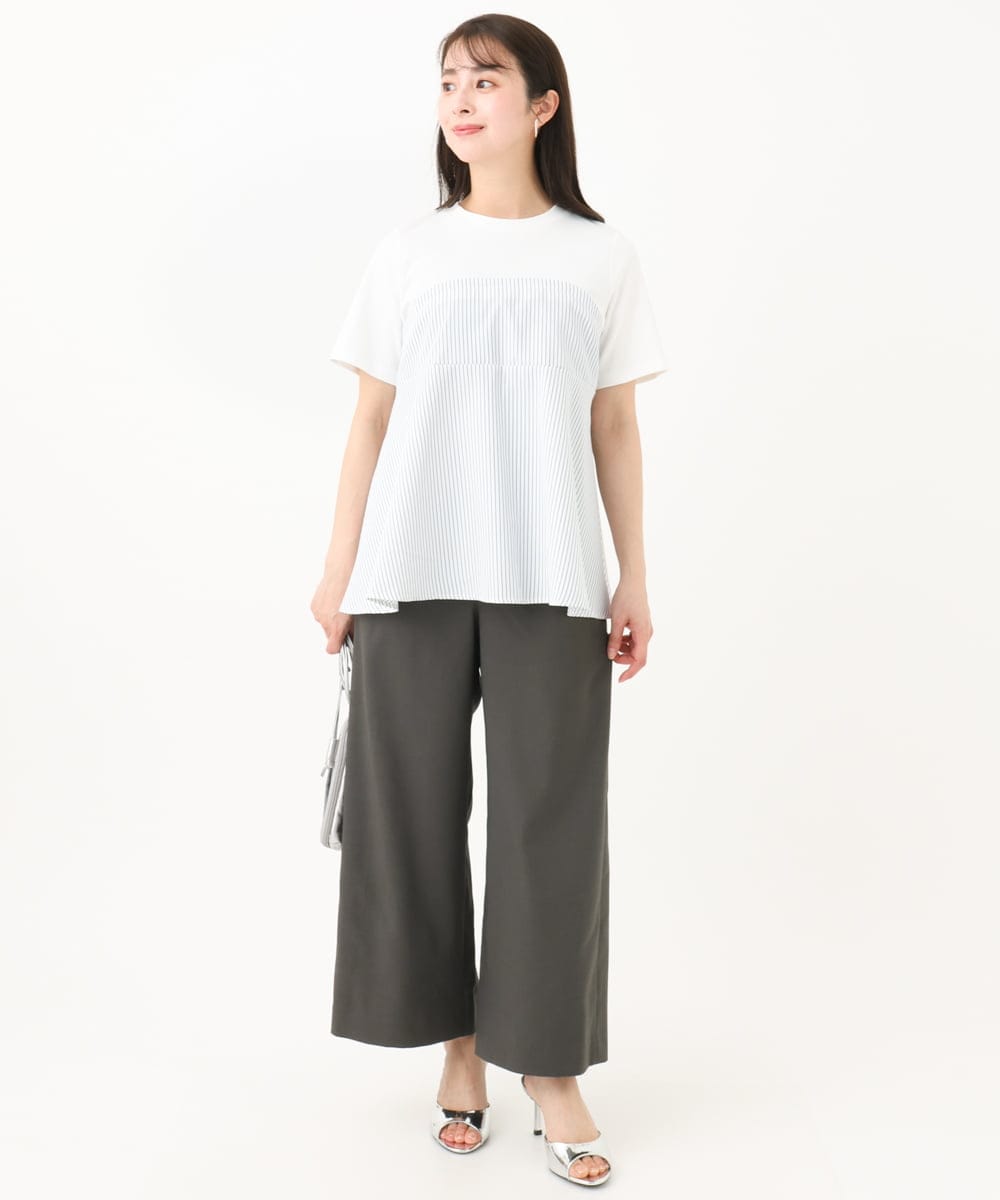 F1KGA41120 MK MICHEL KLEIN(小さいサイズ)(メゾン ドゥ サンク) 【小さいサイズ】ビスチェレイヤード風フレアーTシャツ(ストライプ)/洗える ホワイト×ネイビー