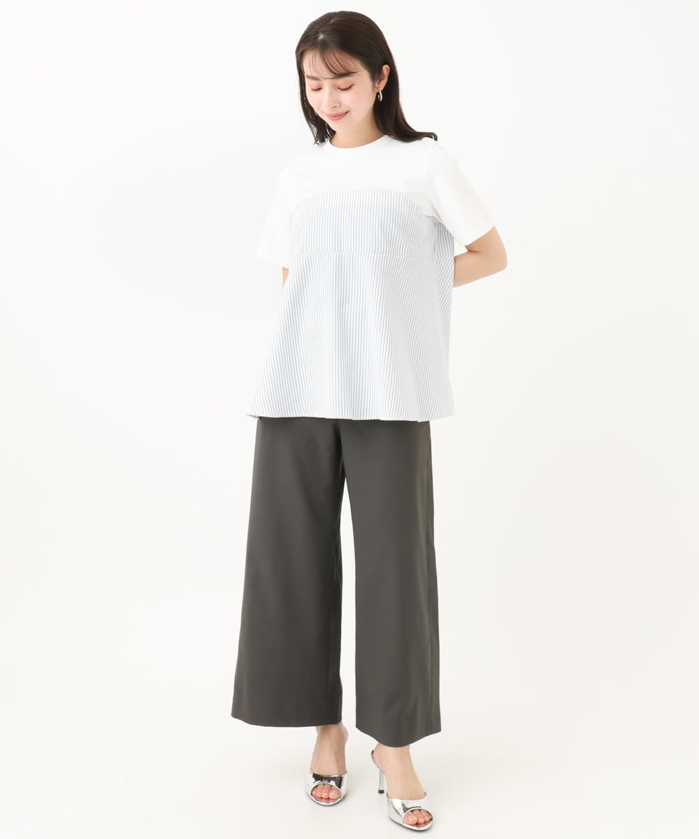 F1KGA41120 MK MICHEL KLEIN(小さいサイズ)(メゾン ドゥ サンク) 【小さいサイズ】ビスチェレイヤード風フレアーTシャツ(ストライプ)/洗える ホワイト×ネイビー