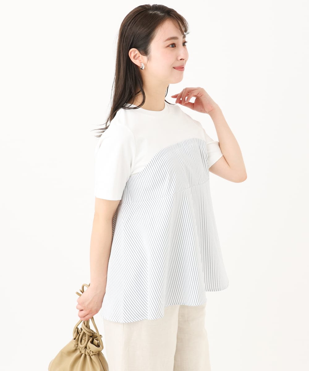 F1KGA41120 MK MICHEL KLEIN(小さいサイズ)(メゾン ドゥ サンク) 【小さいサイズ】ビスチェレイヤード風フレアーTシャツ(ストライプ)/洗える ホワイト×ネイビー
