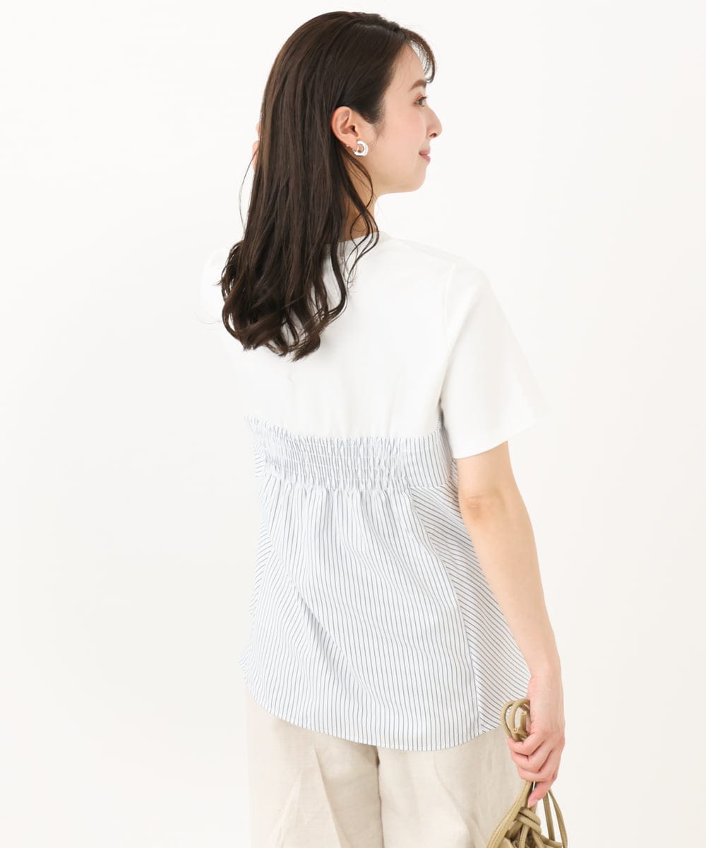 F1KGA41120 MK MICHEL KLEIN(小さいサイズ)(メゾン ドゥ サンク) 【小さいサイズ】ビスチェレイヤード風フレアーTシャツ(ストライプ)/洗える ホワイト×ネイビー