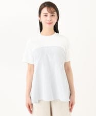 F1KGA41120 MK MICHEL KLEIN(小さいサイズ)(メゾン ドゥ サンク) 【小さいサイズ】ビスチェレイヤード風フレアーTシャツ(ストライプ)/洗える ホワイト×ネイビー