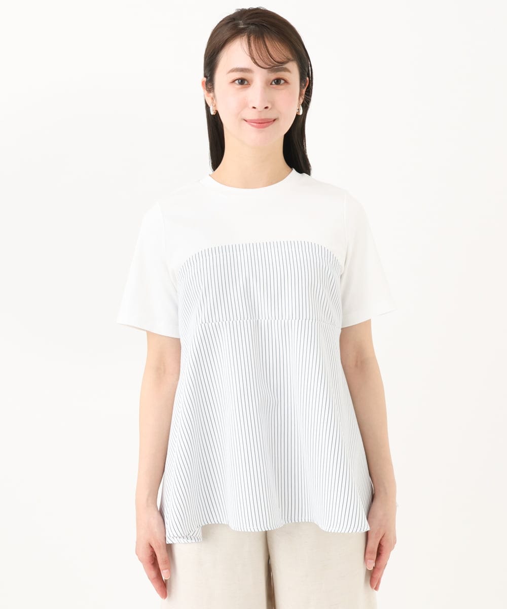 F1KGA41120 MK MICHEL KLEIN(小さいサイズ)(メゾン ドゥ サンク) 【小さいサイズ】ビスチェレイヤード風フレアーTシャツ(ストライプ)/洗える ホワイト×ネイビー