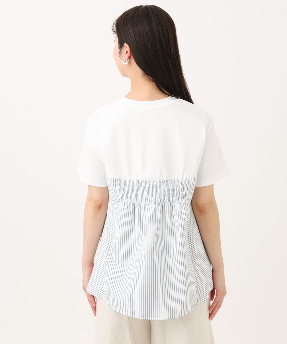 F1KGA41120 MK MICHEL KLEIN(小さいサイズ)(メゾン ドゥ サンク) 【小さいサイズ】ビスチェレイヤード風フレアーTシャツ(ストライプ)/洗える ホワイト×ネイビー