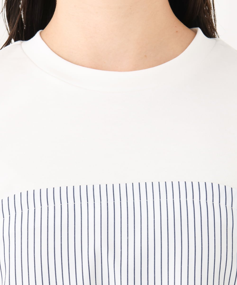 F1KGA41120 MK MICHEL KLEIN(小さいサイズ)(メゾン ドゥ サンク) 【小さいサイズ】ビスチェレイヤード風フレアーTシャツ(ストライプ)/洗える ホワイト×ネイビー