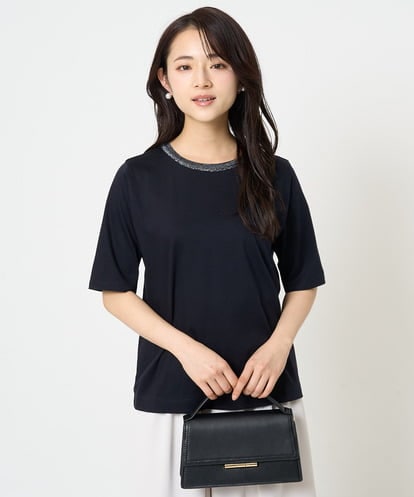 F1KGA50090 MK MICHEL KLEIN(小さいサイズ) 【小さいサイズ】ラメ入りネックデザインTシャツ/接触冷感/洗える