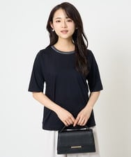 F1KGA50090 MK MICHEL KLEIN(小さいサイズ)(メゾン ドゥ サンク) 【小さいサイズ】ラメ入りネックデザインTシャツ/接触冷感/洗える ネイビー