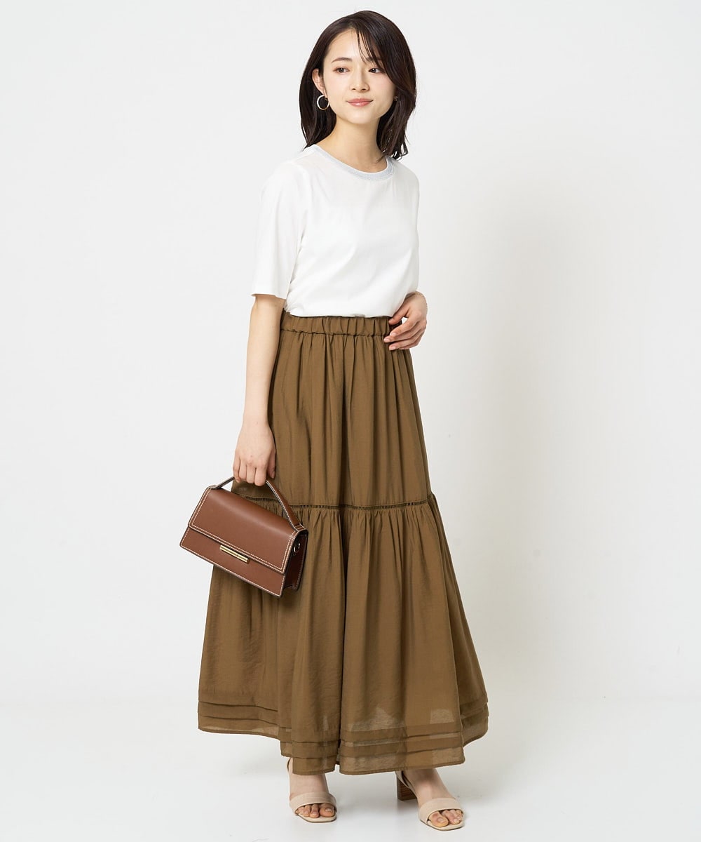F1KGA50090 MK MICHEL KLEIN(小さいサイズ)(メゾン ドゥ サンク) 【小さいサイズ】ラメ入りネックデザインTシャツ/接触冷感/洗える ホワイト