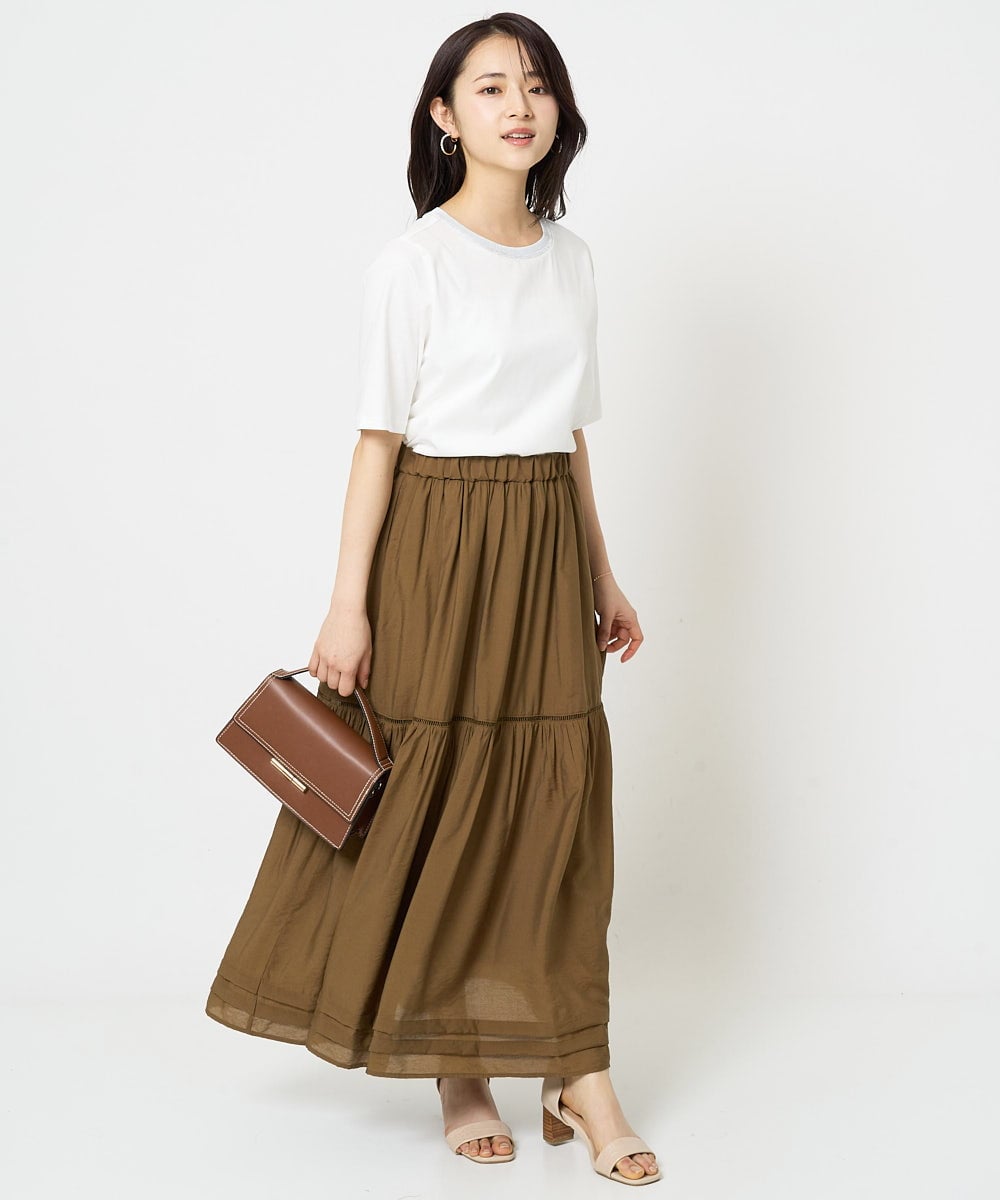 F1KGA50090 MK MICHEL KLEIN(小さいサイズ)(メゾン ドゥ サンク) 【小さいサイズ】ラメ入りネックデザインTシャツ/接触冷感/洗える ホワイト