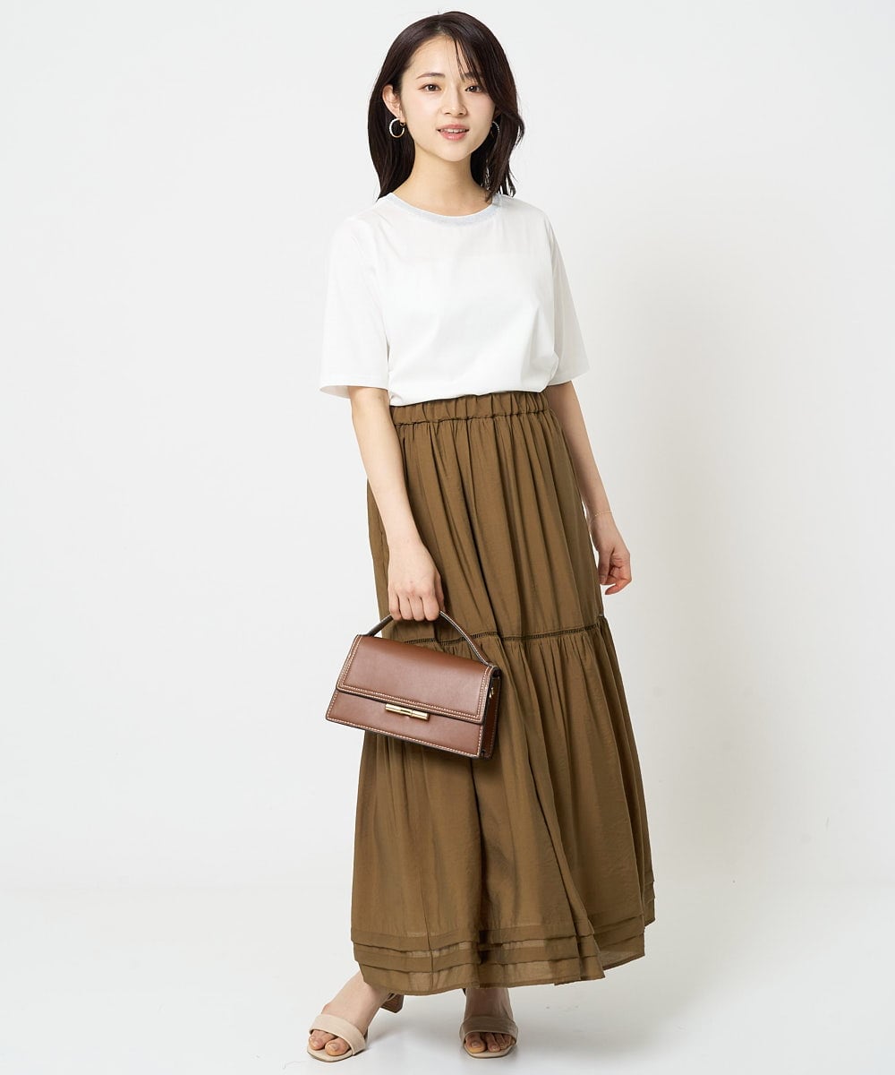 F1KGA50090 MK MICHEL KLEIN(小さいサイズ)(メゾン ドゥ サンク) 【小さいサイズ】ラメ入りネックデザインTシャツ/接触冷感/洗える ホワイト