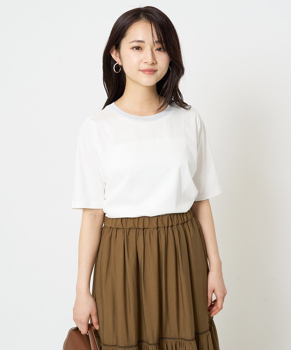 F1KGA50090 MK MICHEL KLEIN(小さいサイズ)(メゾン ドゥ サンク) 【小さいサイズ】ラメ入りネックデザインTシャツ/接触冷感/洗える ホワイト
