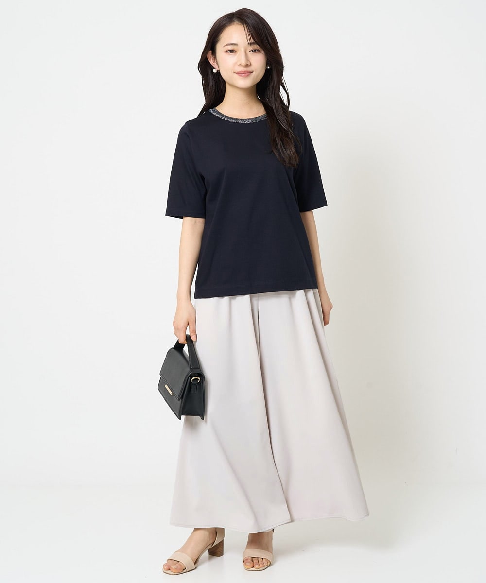 F1KGA50090 MK MICHEL KLEIN(小さいサイズ)(メゾン ドゥ サンク) 【小さいサイズ】ラメ入りネックデザインTシャツ/接触冷感/洗える ホワイト