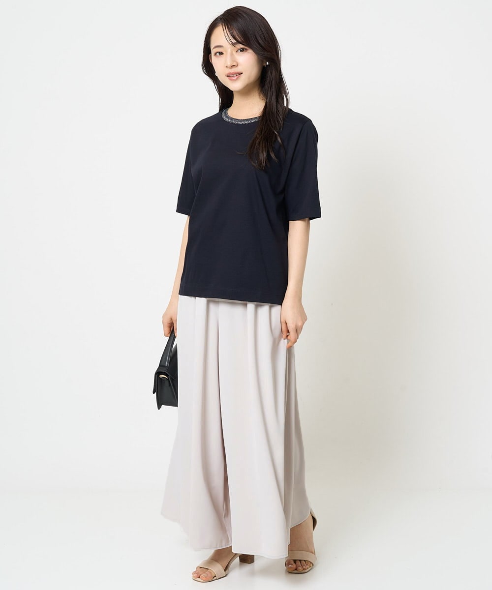F1KGA50090 MK MICHEL KLEIN(小さいサイズ)(メゾン ドゥ サンク) 【小さいサイズ】ラメ入りネックデザインTシャツ/接触冷感/洗える ホワイト