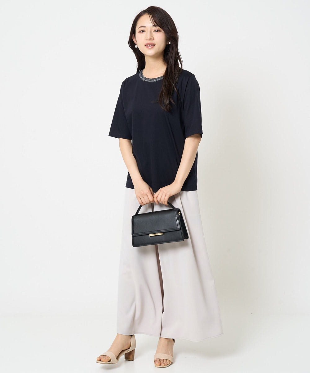 F1KGA50090 MK MICHEL KLEIN(小さいサイズ)(メゾン ドゥ サンク) 【小さいサイズ】ラメ入りネックデザインTシャツ/接触冷感/洗える ホワイト