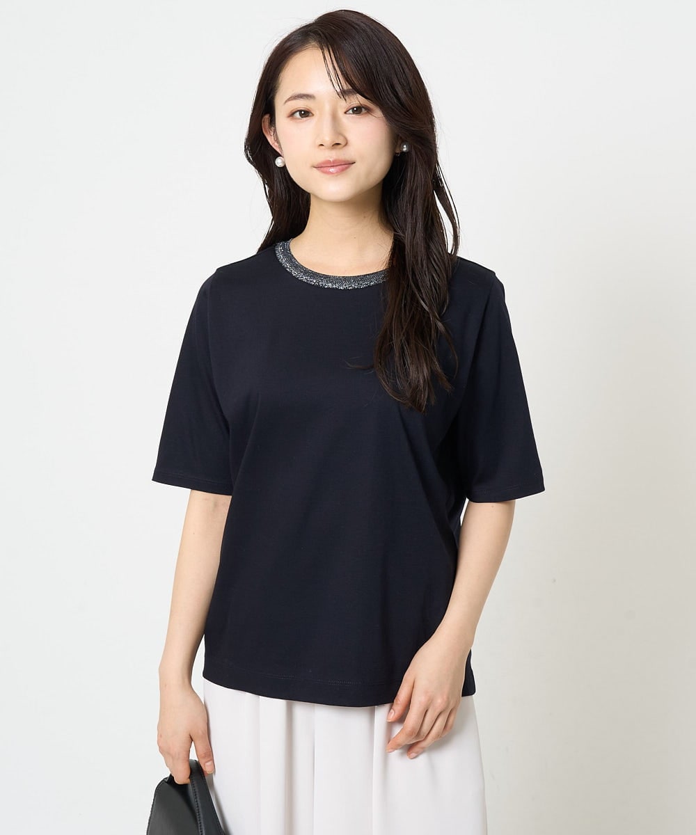 F1KGA50090 MK MICHEL KLEIN(小さいサイズ)(メゾン ドゥ サンク) 【小さいサイズ】ラメ入りネックデザインTシャツ/接触冷感/洗える ホワイト