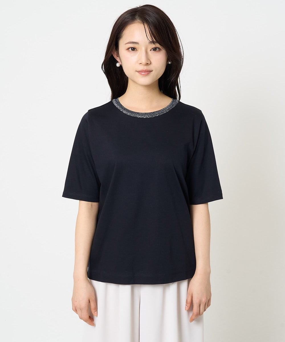 F1KGA50090 MK MICHEL KLEIN(小さいサイズ)(メゾン ドゥ サンク) 【小さいサイズ】ラメ入りネックデザインTシャツ/接触冷感/洗える ホワイト