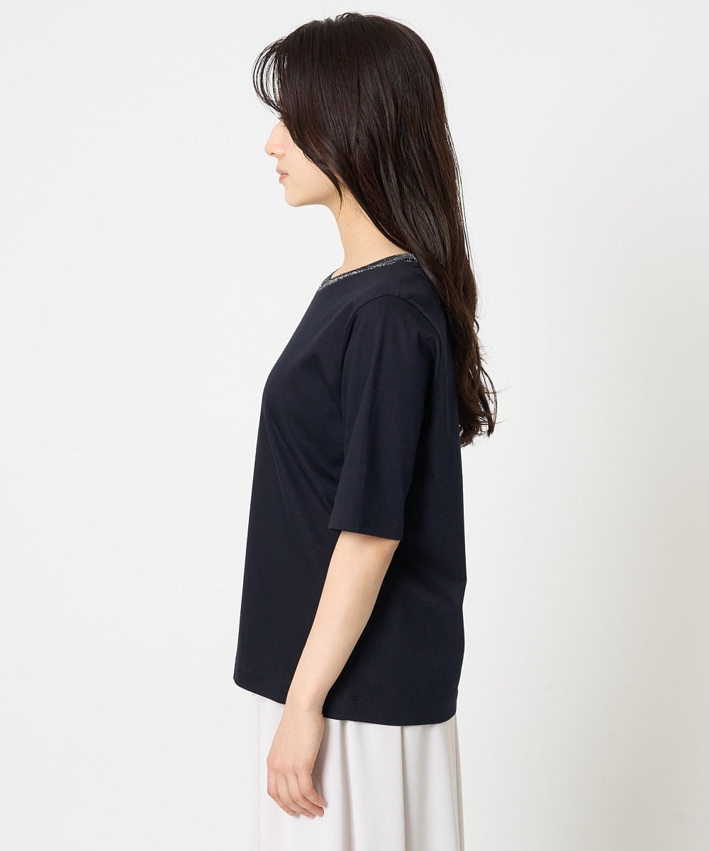 F1KGA50090 MK MICHEL KLEIN(小さいサイズ)(メゾン ドゥ サンク) 【小さいサイズ】ラメ入りネックデザインTシャツ/接触冷感/洗える ホワイト