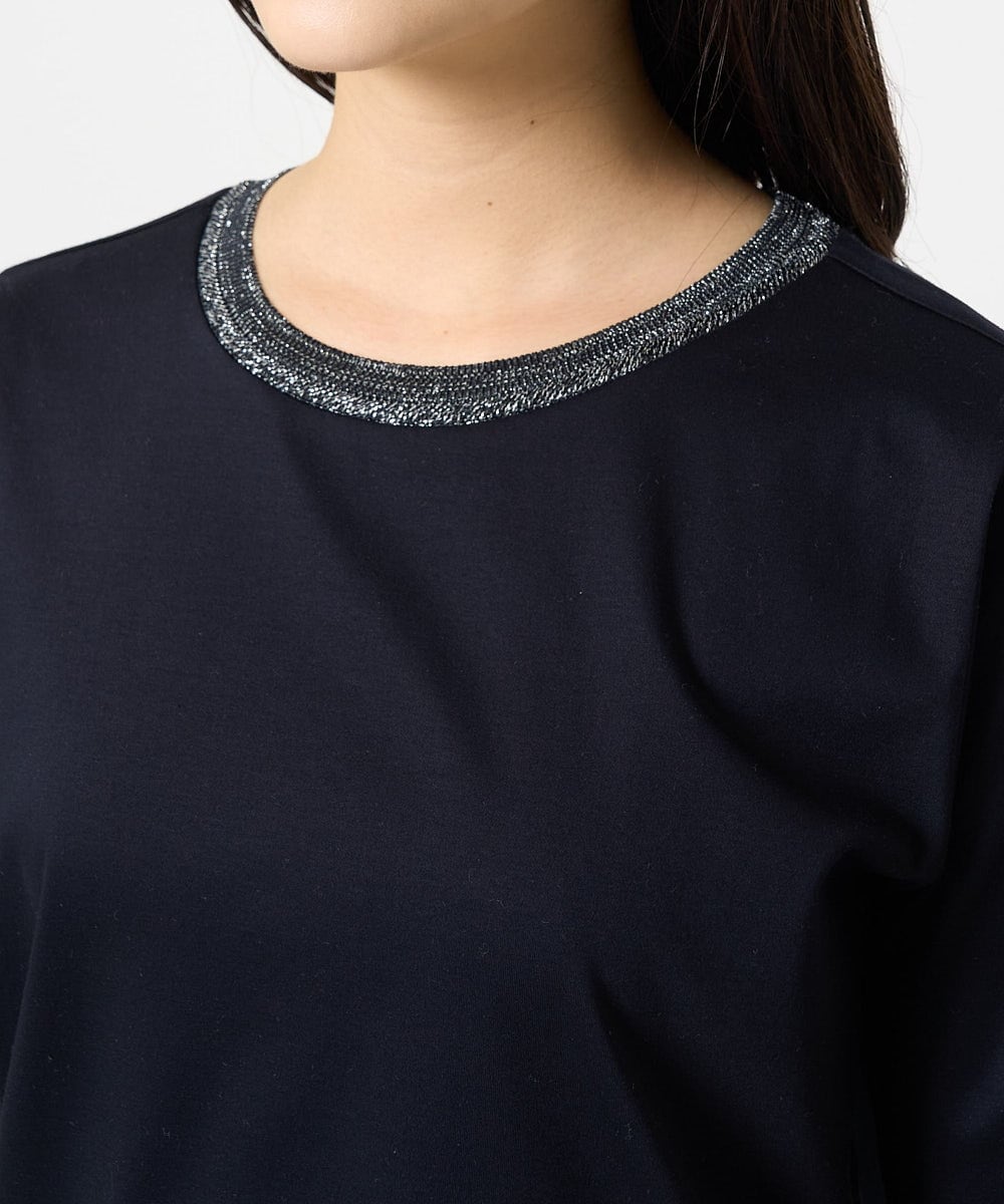 F1KGA50090 MK MICHEL KLEIN(小さいサイズ)(メゾン ドゥ サンク) 【小さいサイズ】ラメ入りネックデザインTシャツ/接触冷感/洗える ホワイト