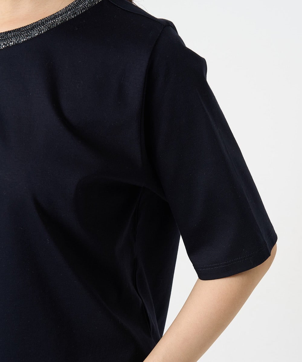 F1KGA50090 MK MICHEL KLEIN(小さいサイズ)(メゾン ドゥ サンク) 【小さいサイズ】ラメ入りネックデザインTシャツ/接触冷感/洗える ホワイト
